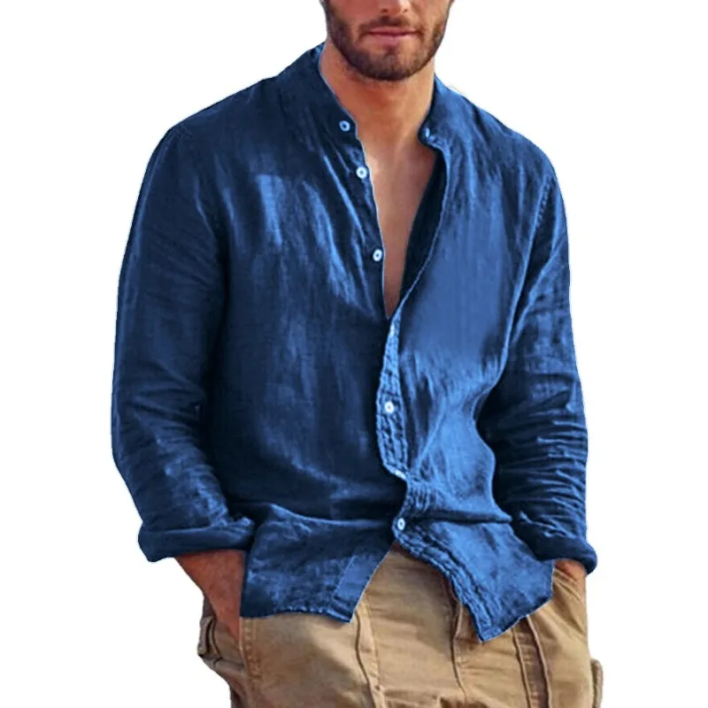 Camicia a maniche lunghe da uomo in lino tinta unita camicie tendenza colletto alla coreana top casual leggeri e traspiranti camicia hawaiana