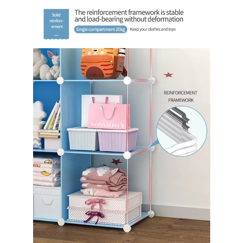 Children modern bedroom wardrobes baby clothes storage cabinet blue with white door portable kid plastic wardrobe