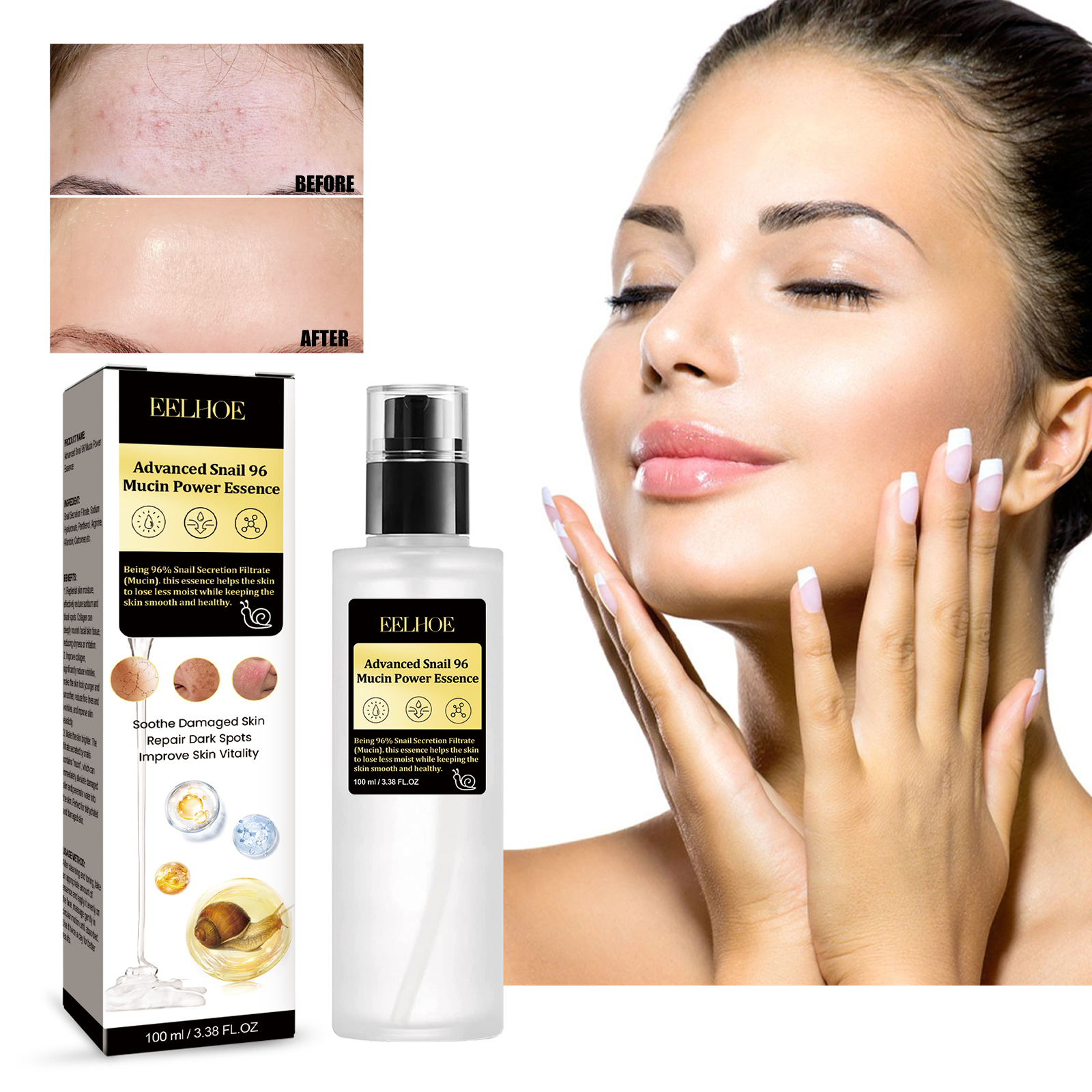 Snail Mucin 96% Korean Skin Care Facial Essence Fading Fine Lines Repair Essence Firming Facial Snail Brightening Anti-Aging