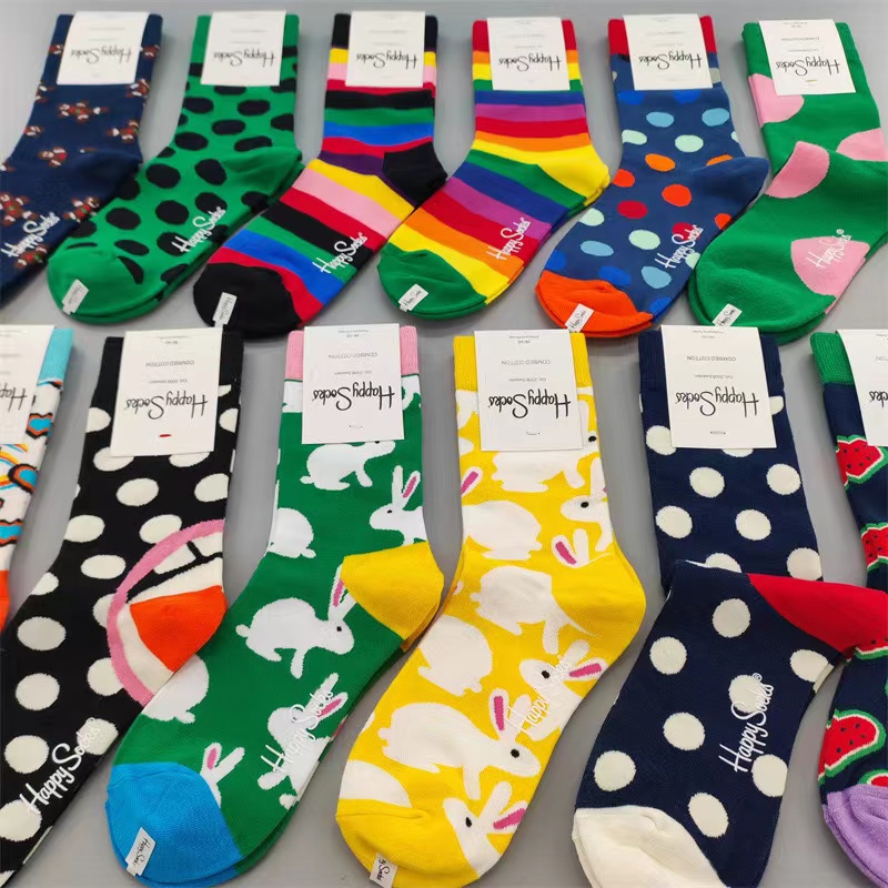 Calcetines felices talla 36-40 personalidad de las mujeres adultas cuatro estaciones calcetines gruesos de tubo medio Color artístico lunares calcetines de algodón puro