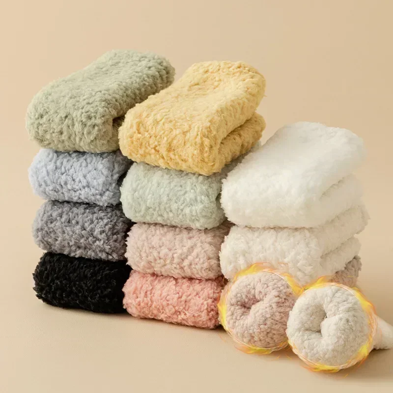 3 Pairs Women Men Slipper Socks Coral Plush Couples Winter Solid Color Thickened Moonlight Chrismas Mid Tube Socks No Hair Loss