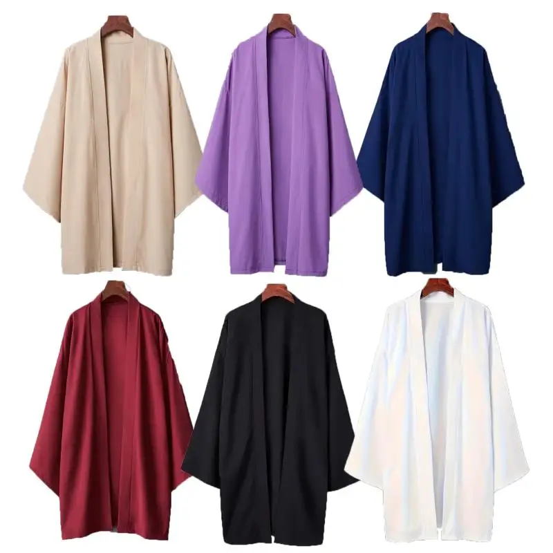 2024 dei nuovi uomini di Colore Solido Kimono Giapponese Poncho Estate Casual Allentato delle Donne Yukata Haori Spiaggia Nero Hiyoshi Camicia Giacca