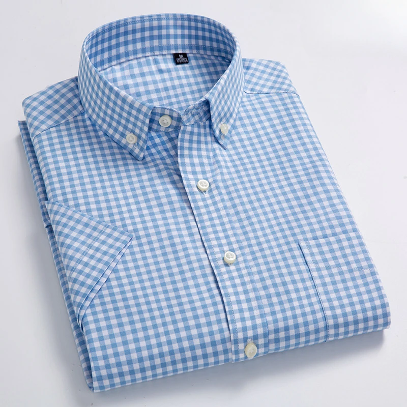 Neu im Hemd Höhe 100% Baumwolle Sommer Kurzarm hemden für Männer Slim Fit Hemd dünne karierte Hahnen tritt weiche Büro kleidung