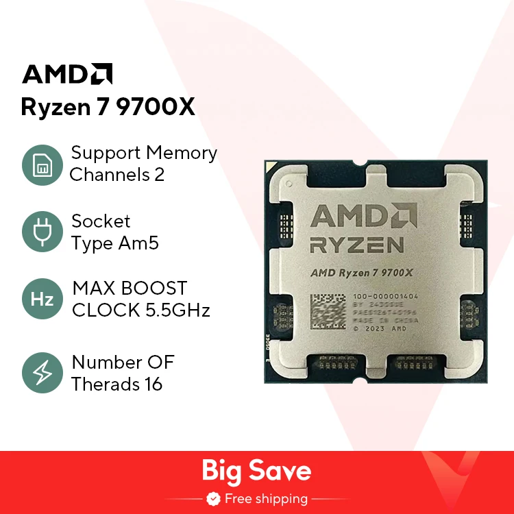 New AMD Ryzen 7 9700X Processor R7 9700X 5.5GHz 8-Core 16-Thread 40MB Game Cache 4NM TDP 65W Socket AM5 Gaming CPU Zen 5 No Fan