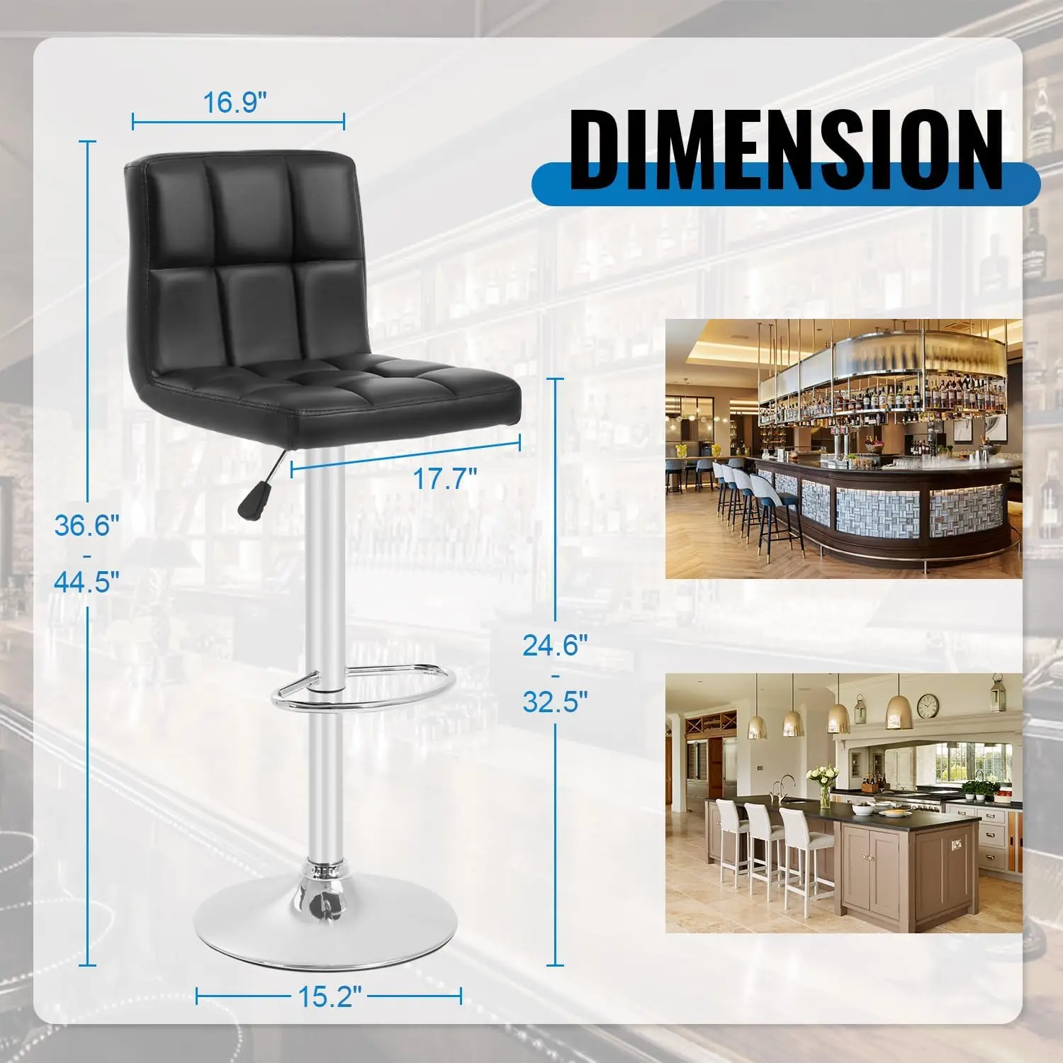 Bar Stools Set of 2, Counter Height Bar Stools with Back PU Leather Armless Hydraulic Kitchen Counter Bar Stool (Black)