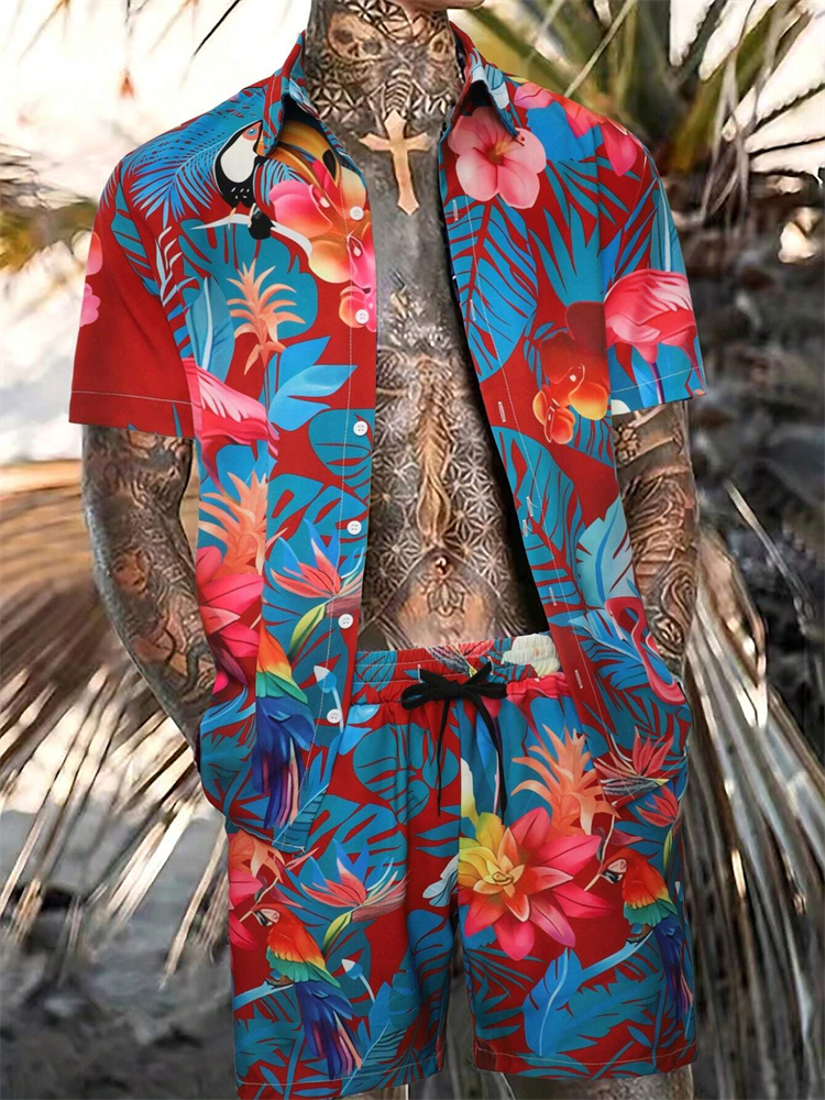 Conjunto de shorts de manga curta havaiana para verão, camisa de viagem diária, praia, casual, com cordão, conjunto de estampa na selva