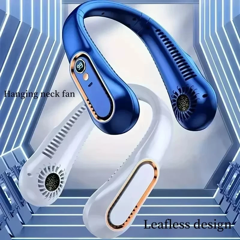 首掛け式リーフレスポータブルUSB充電式エアクーラー、5段階風量調節とLEDディスプレイ付き