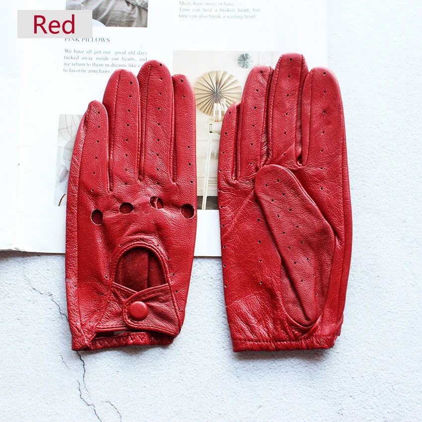 Guantes de cuero para conducir de verano para mujer, guantes finos de piel de oveja sin forro, a la moda, ahuecados, con todos los dedos, para motociclismo
