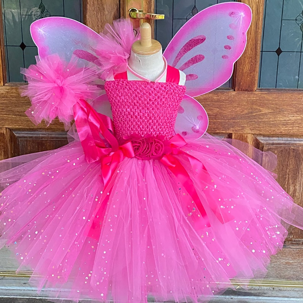 Abito da bambina in tulle rosa glitterato Abiti da tutù da fata farfalla per bambini con ala e fiocco per capelli Costume cosplay di Halloween per bambini