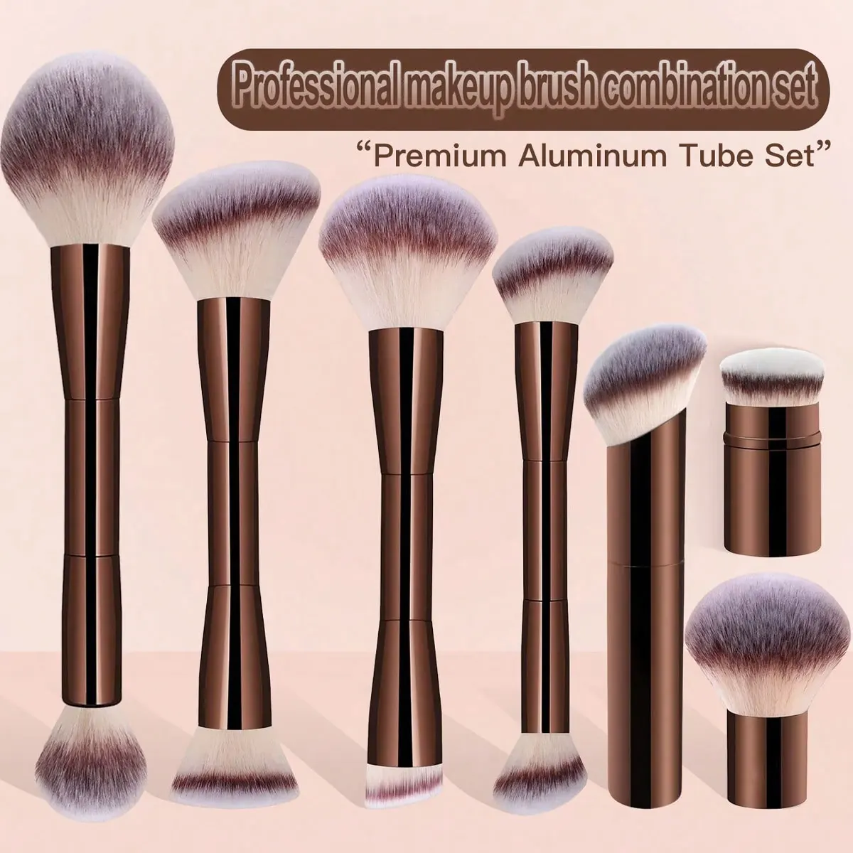 Set di pennelli per trucco professionale da 7 pezzi, include: 4 pennelli per il viso a doppia estremità, 1 pennello angolato, 1 pennello per fondotinta con manico corto,