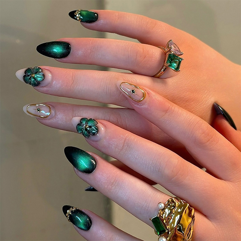 24 Uds uñas postizas chica picante lazo plateado con uñas postizas de diamante con pegamento prensa de almendra en uñas negro fresco Y2k juego de uñas de almendra