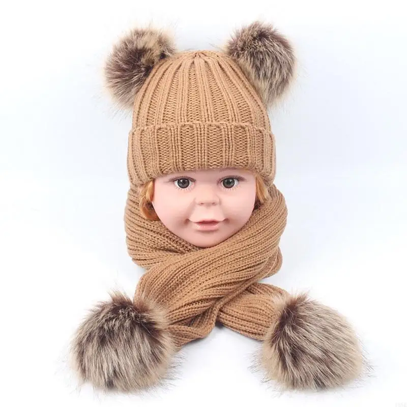 195e Kleinkinder Kinder Winter warmes Pom Pom Ohren gerippte Strick Mütze mit langem Schal -Set