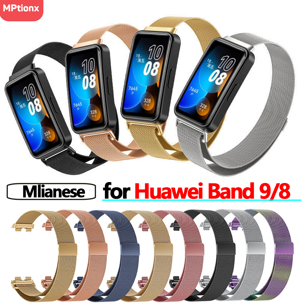 Huawei用磁気ストラップ,9バンド,ミラネーゼループ,ステンレススチール,Huawei Band8用リストバンド,NFCアクセサリー