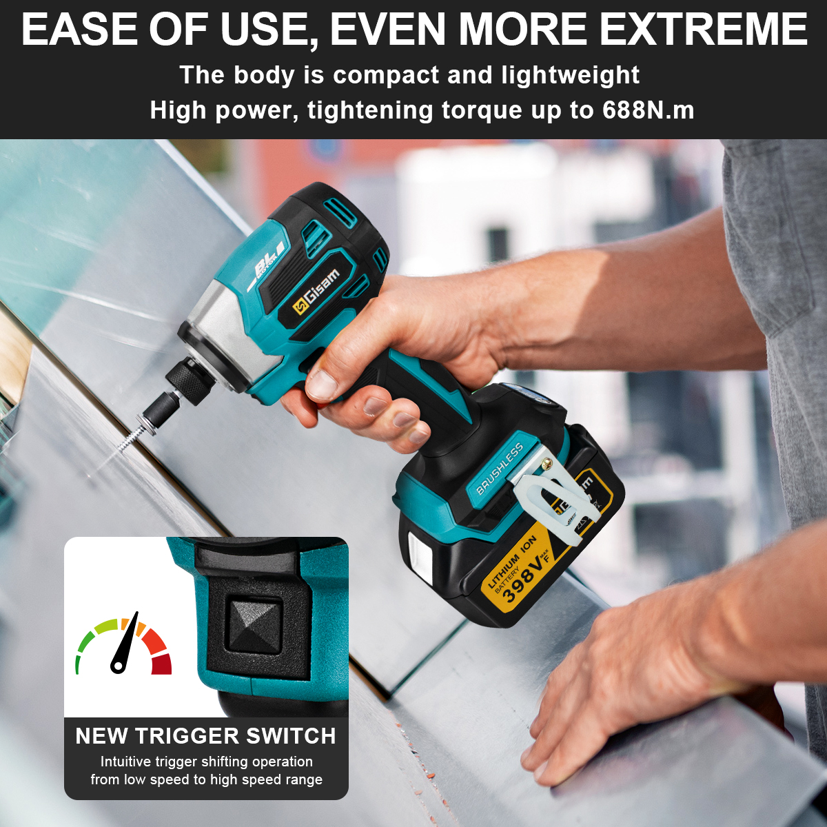 688N.m 1/4'' Brushless Electric Screwdriver Cordless Screwdriver Electric Drill Impact Driver Kit for Makita 18V Battery Pin