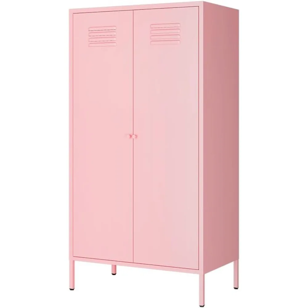 2 Door Metal Wardrobe Cabinet with Hanging Rod and 2 Freely Adjustable Shelves,Storage Cabinet,Kids Tall Metal Armoire Closet