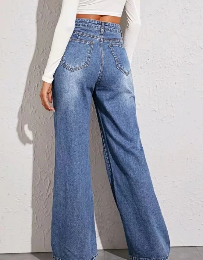 Slouchy Jeans für Damen, hohe Taille, blaue Jeans für Damen, gewaschener Reißverschluss, knöchellange Denim-Hose, gerades Bein, Damen-Freizeitjeans