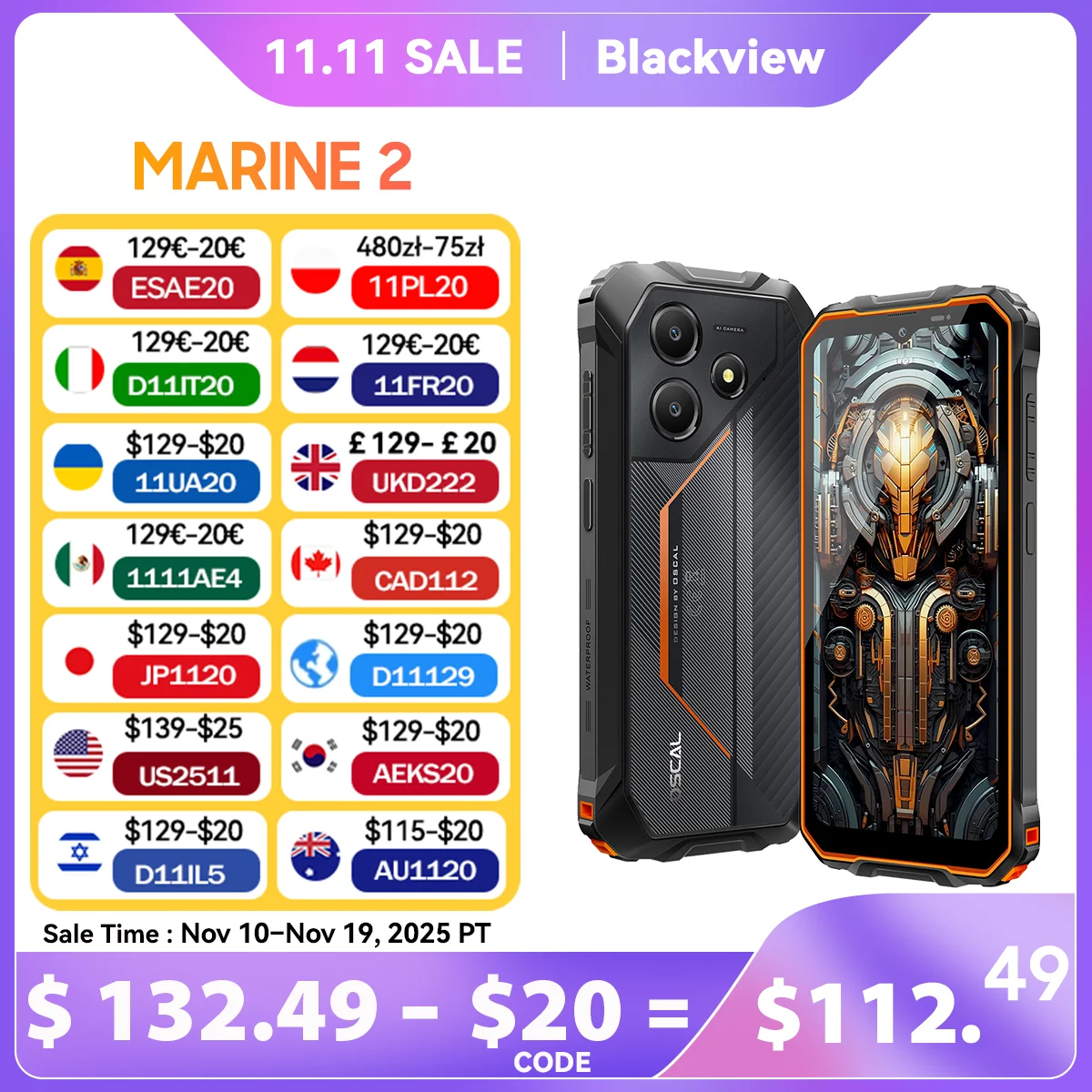 Teléfono robusto Blackview OSCAL Marine 2, 8 GB de RAM, 256 GB de almacenamiento, IA, batería de 11000 mAh, pantalla HD de 6,56 pulgadas, Unisoc T61, Android 15, NFC.