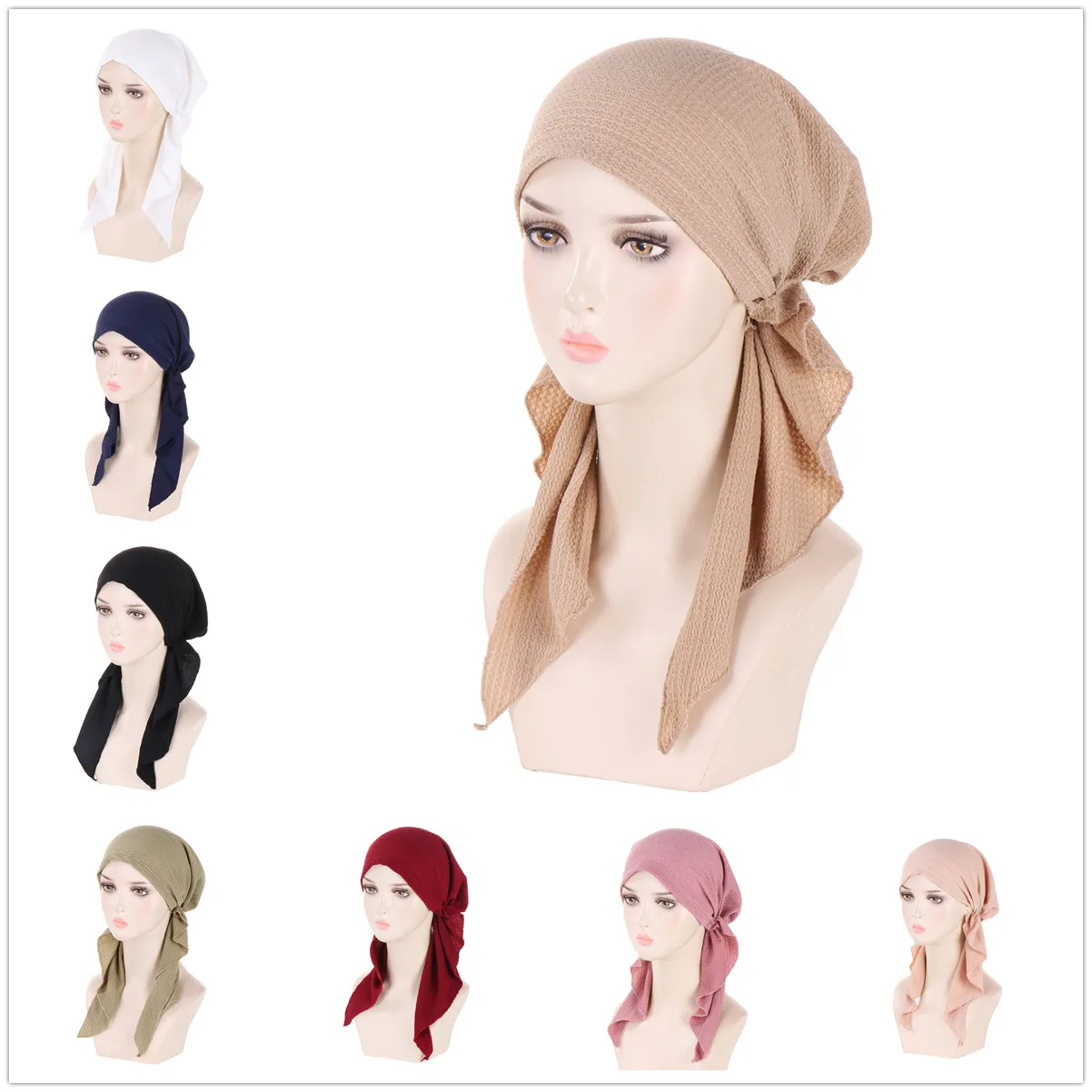Moda muçulmana hijab turbante chapéus cor sólida longa cauda cabeça envolve elástico pirata chapéus respirável quimio boné para mulheres meninas