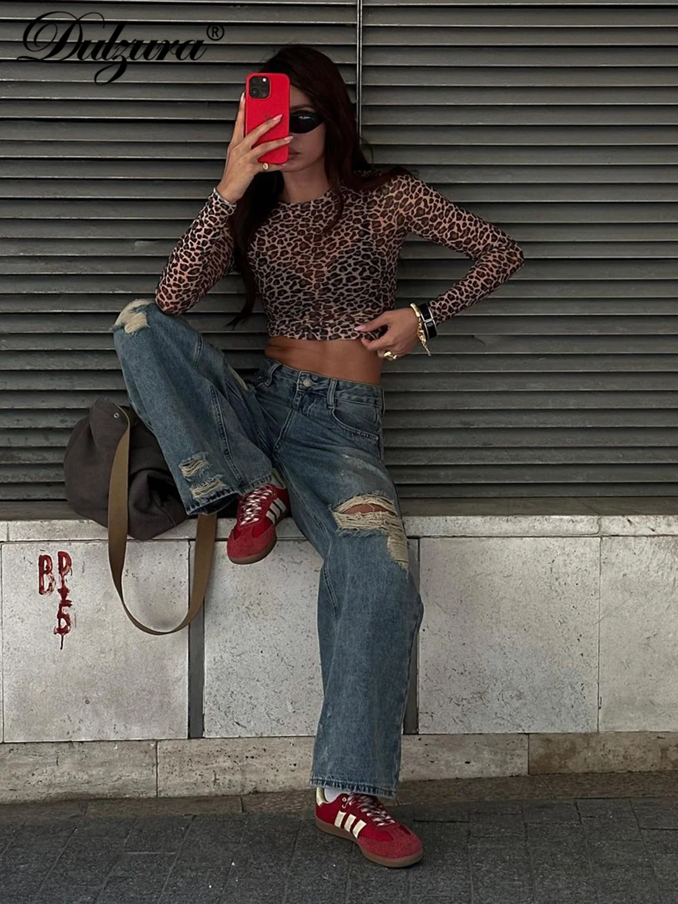 Dulzura セクシーな長袖トップスメッシュ Tシャツヒョウプリントボディコン女性服レディパーティークラブストリートカジュアルナイトアウト Y2K