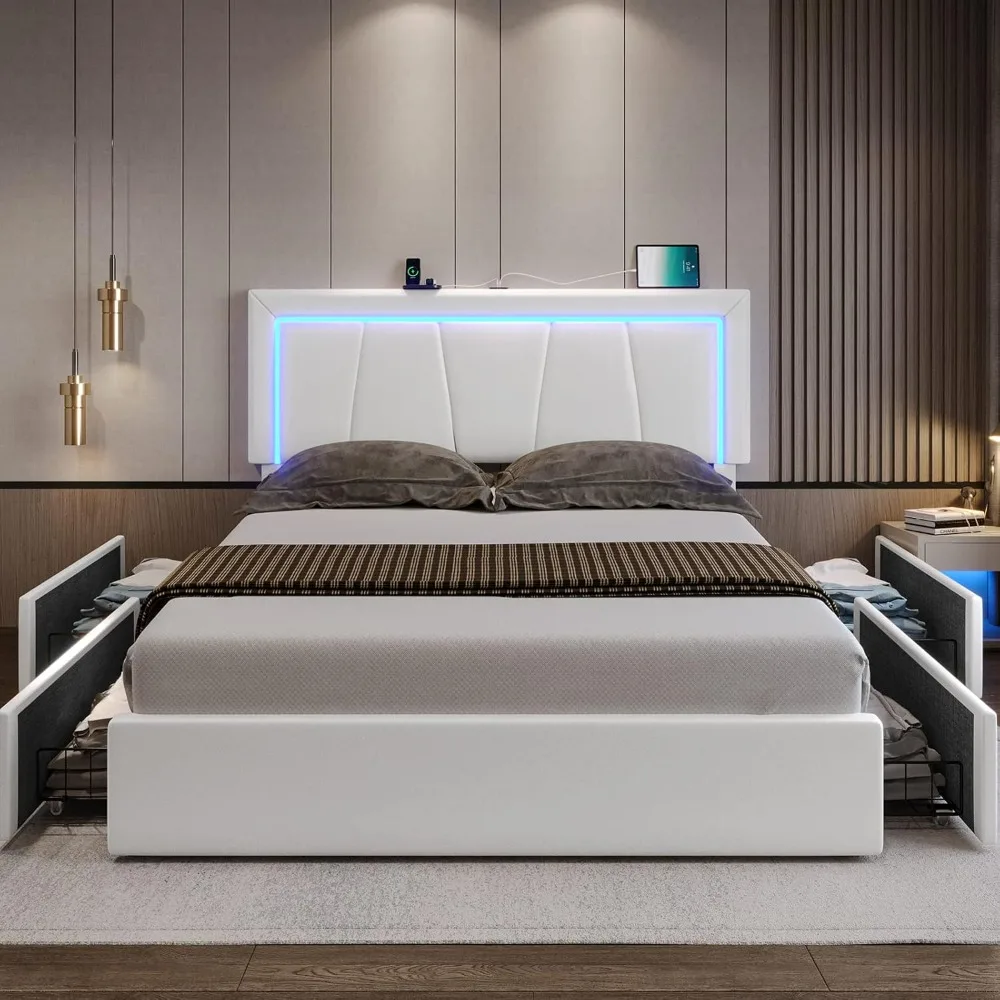 Queen Size Bed Frame with 4 Storage Drawers and LED Lights - Faux Leather Upholstered Platform Bed with USB Ports Adjustable LED