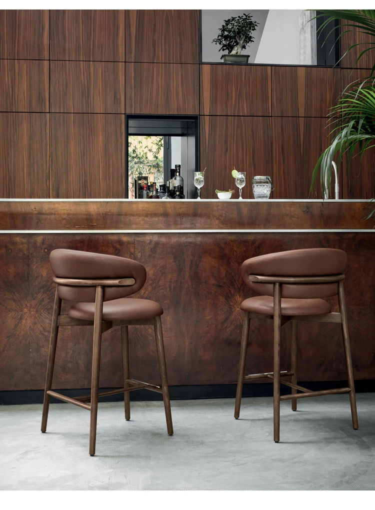 Nordic bar Furniture Modern Solid Wood Frame High bar Stool Withe Linen Fabric bar Stools Chair with Curved Backrest for Kitchen