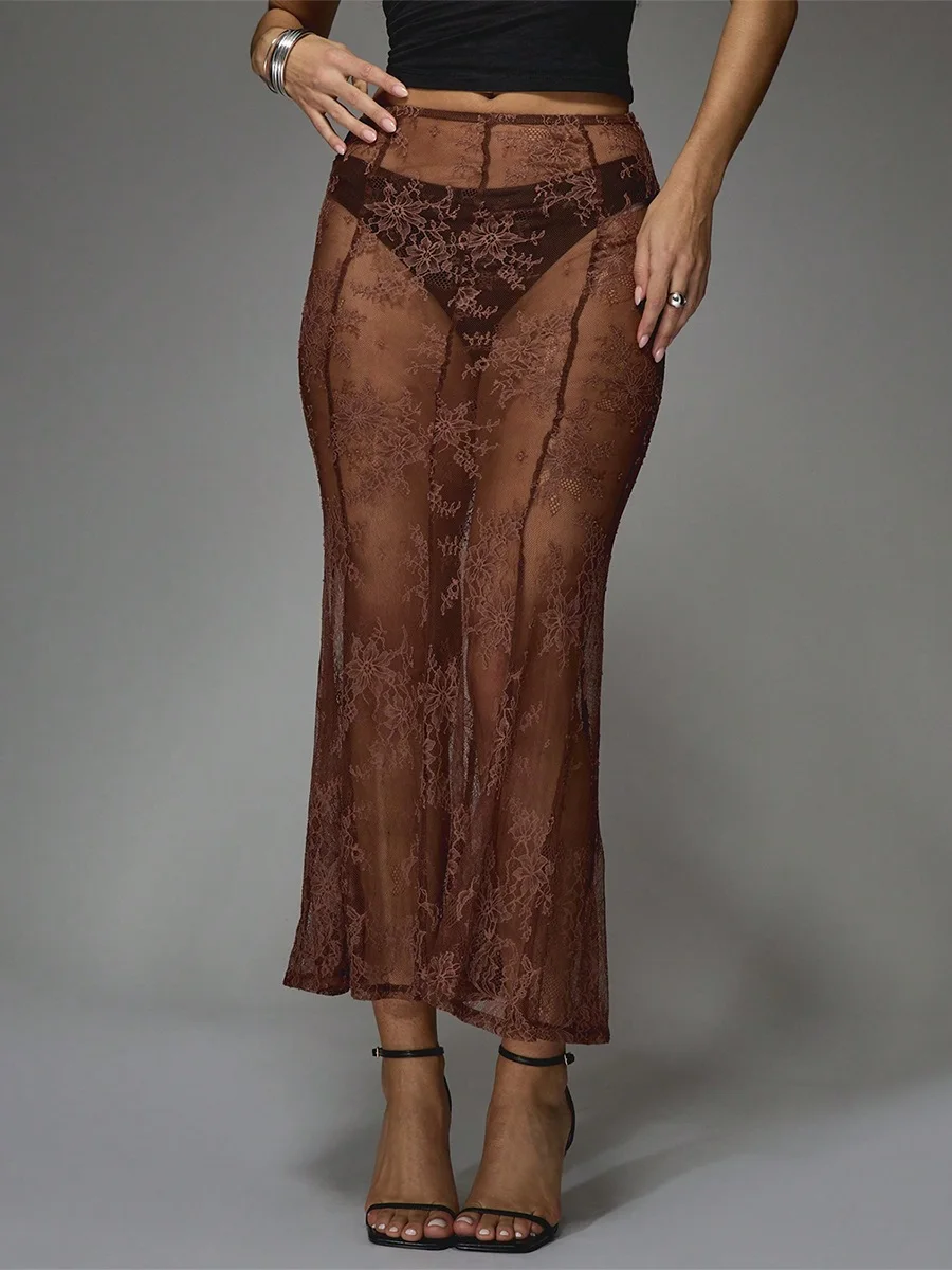Falda larga de cóctel larga de moda con dobladillo de sirena con paneles de encaje transparente de verano para mujer para bar, playa, fiesta