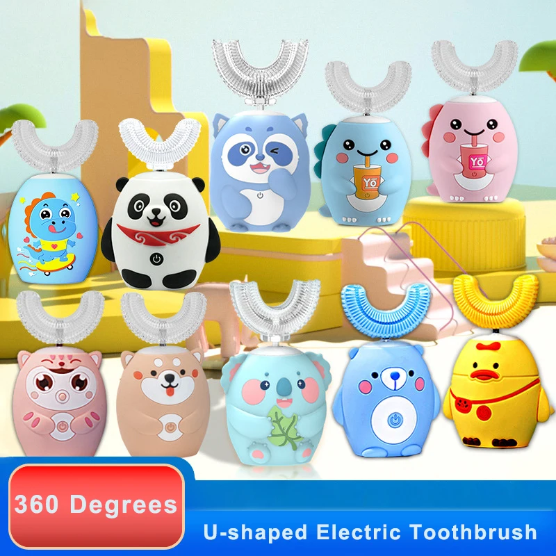 360 ° Âm Bàn Chải Đánh Răng Điện Hình Chữ U Sạc Dành Cho Trẻ Em Trẻ Em Tự Động Silicone Răng Bàn Chải Thông Minh Hẹn Giờ Đèn IPX7