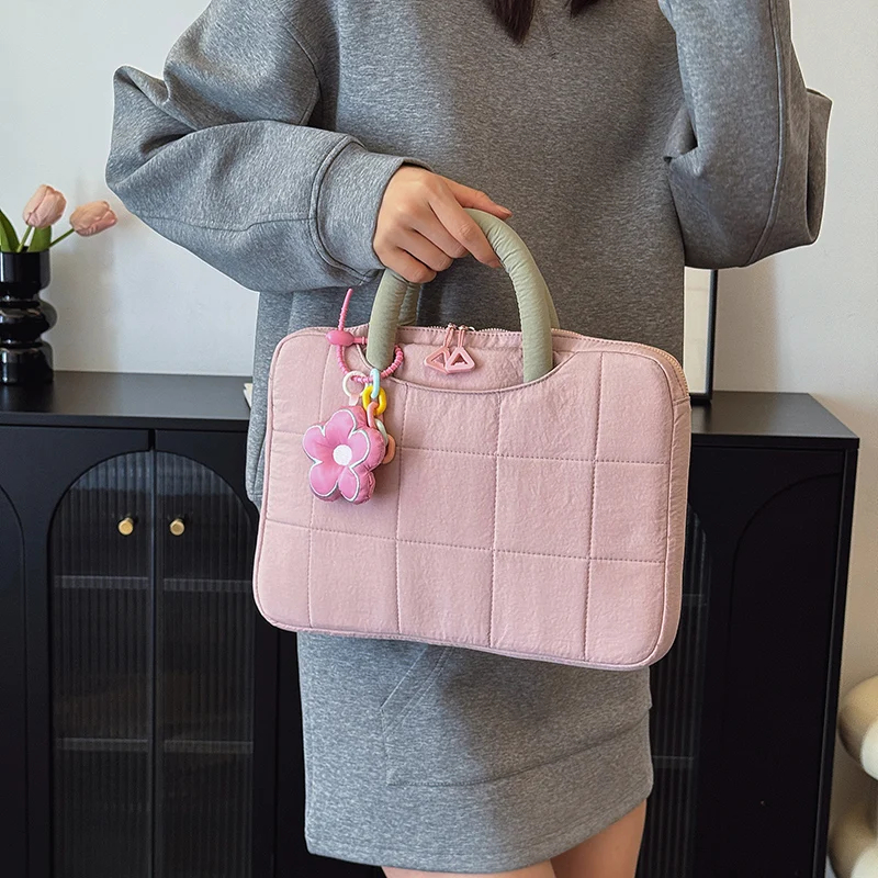 Borsa per laptop da donna imbottita in cotone alla moda da 14 pollici, borsa per tablet, design in colori a contrasto, valigetta semplice e carina