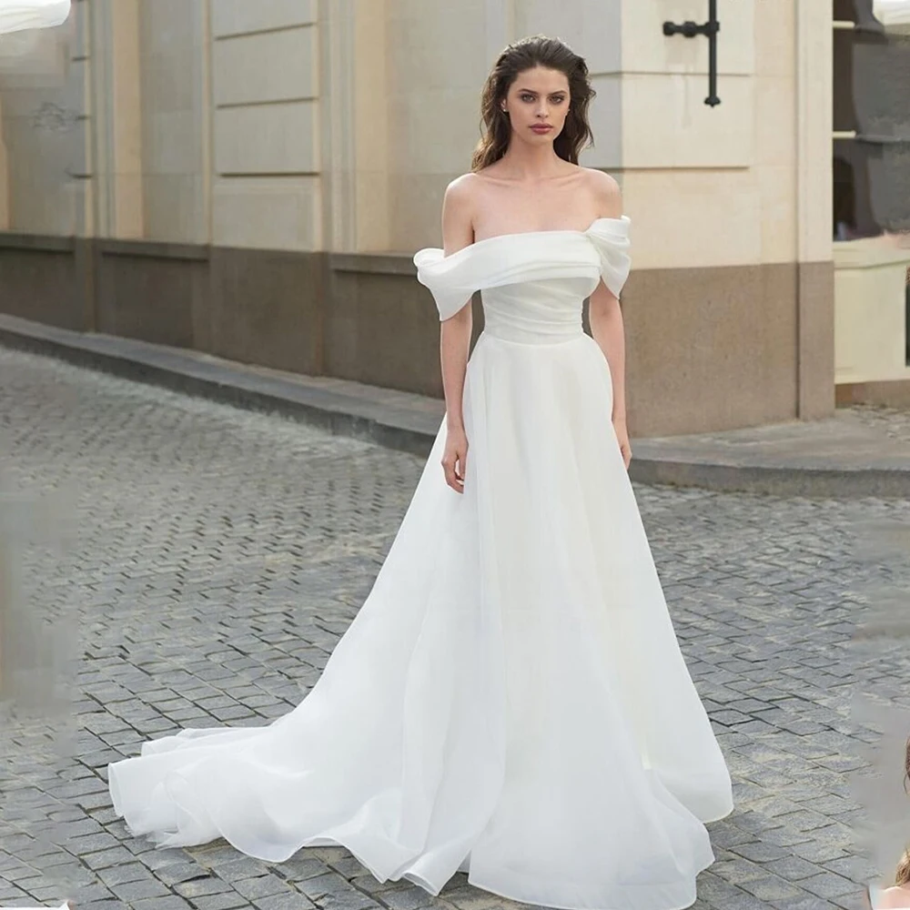 Elegante fora do ombro organza nupcial crescido uma linha vestidos de casamento feito sob encomenda 2026 vestido de noiva