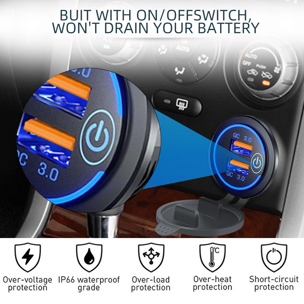 60 ワット高速クイック電話充電器 QC3.0 デュアル USB ソケット電源コンセントスイッチ付き防水 12 V-24 V 車オートバイボート