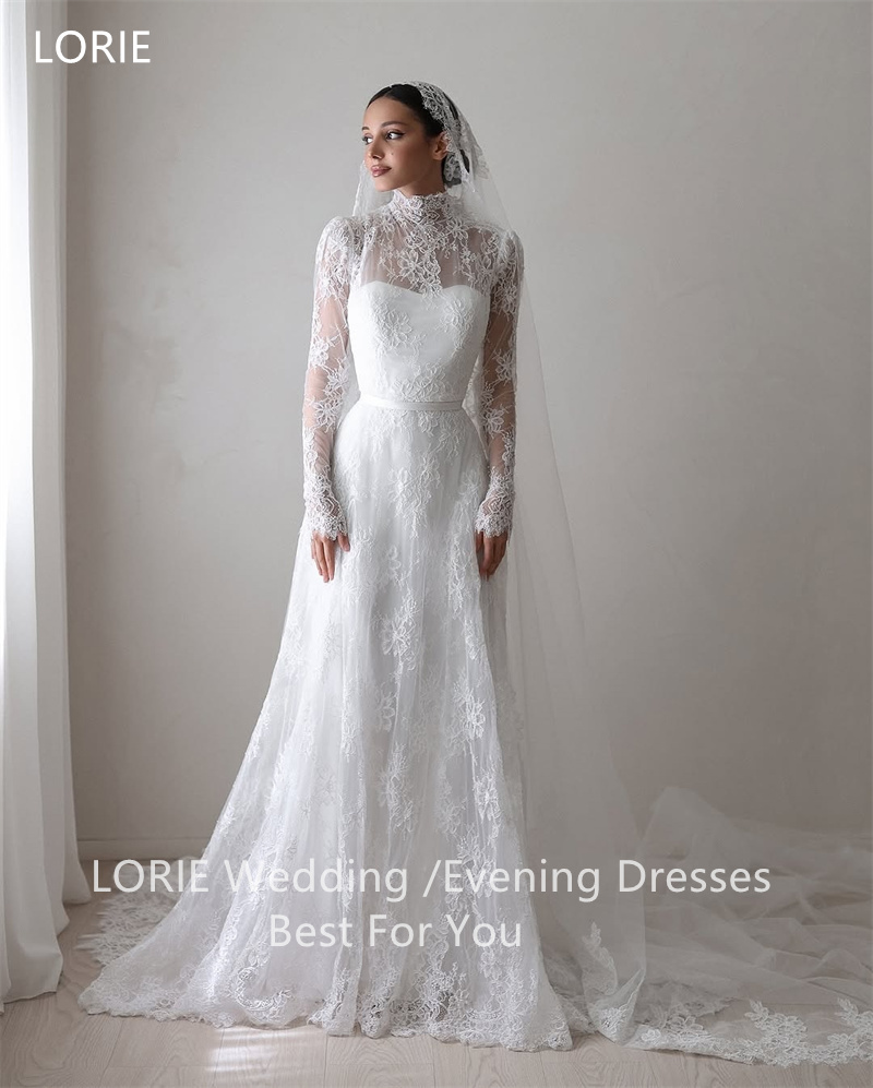 LORIE Brautkleider mit Spitzenapplikationen, A-Linie, Stehkragen, Hüftgürtel, dunstiges Gefühl, Brautkleid, bodenlange Brautkleider 2025, individuell gestaltet
