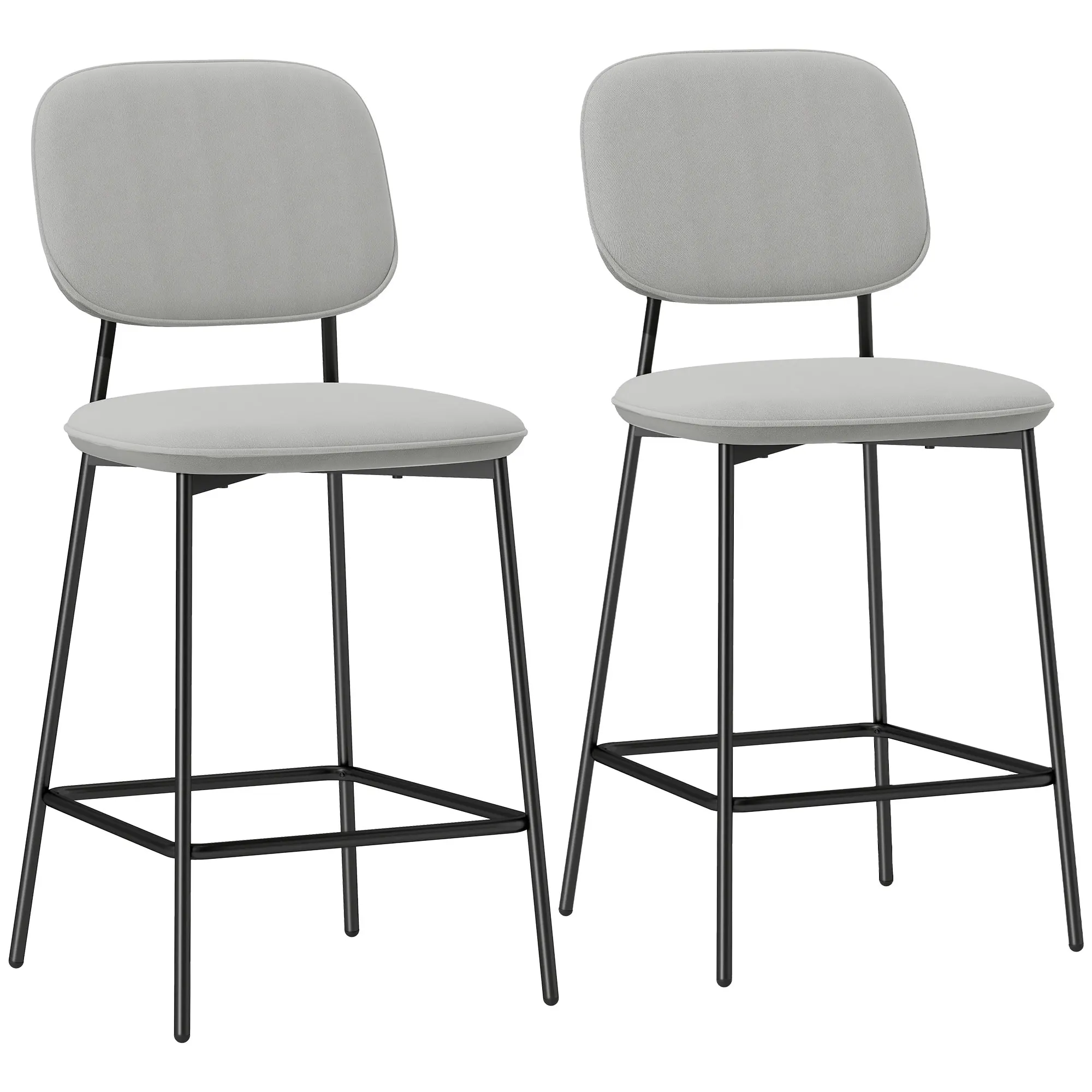Homcom Set mit 2 Barhockern mit samtgepolsterter Rückenlehne und Stahlkonstruktion, 45 x 49 x 102 cm, Hellgrau