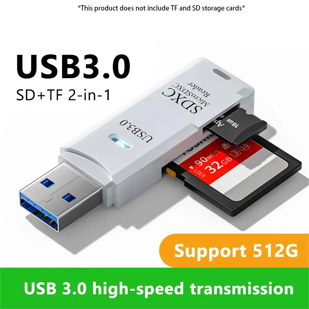 Lector de tarjetas USB 3,0/2,0 de alta velocidad 2 en 1 multifuncional compatible con computadora TF + SD, cámara para tableta, computadora portátil, montado en el coche