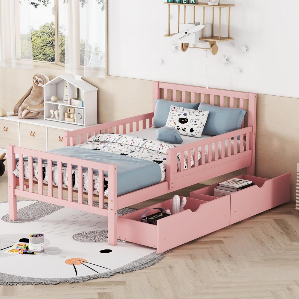 Kids Twin Bed with Guardrails, Low Platform Bed with Headboard and Footboard, Pink Children Bed Frame with 2 Drawers for Boy Gir