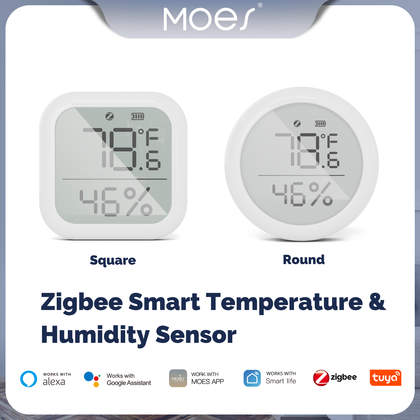 MOES-Sensor de temperatura y humedad para el hogar, dispositivo inteligente con pantalla LED, funciona con asistente de Google y Tuya ZigBee Hub