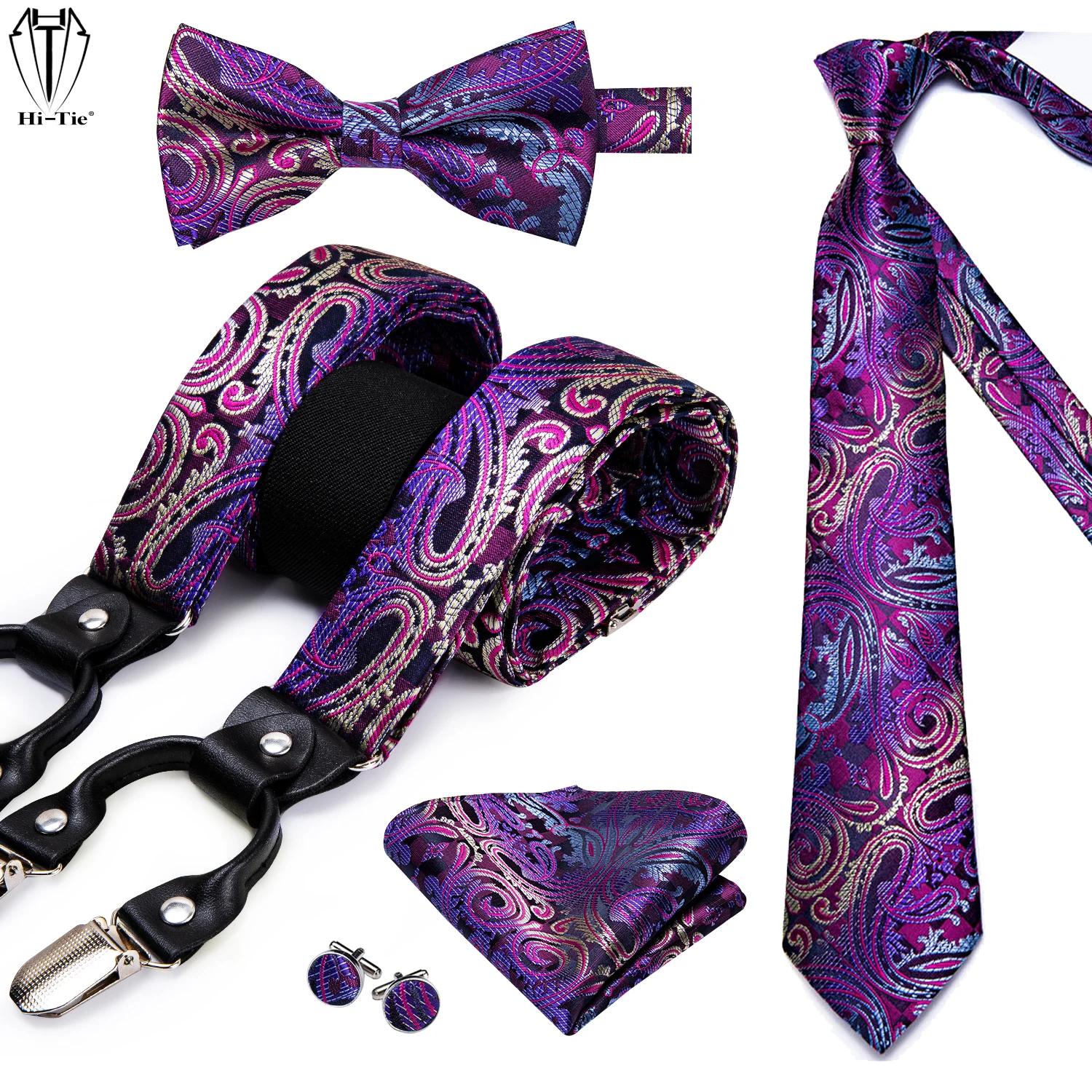 Hi-ĐÍNH NƠ LỤA Trưởng Thành Nam Suspender Bộ 6 Kẹp Mạnh Nẹp Vintage Y Lưng Treo Áo Bowtie Thắt Hankerchief Dây có Thể Điều Chỉnh