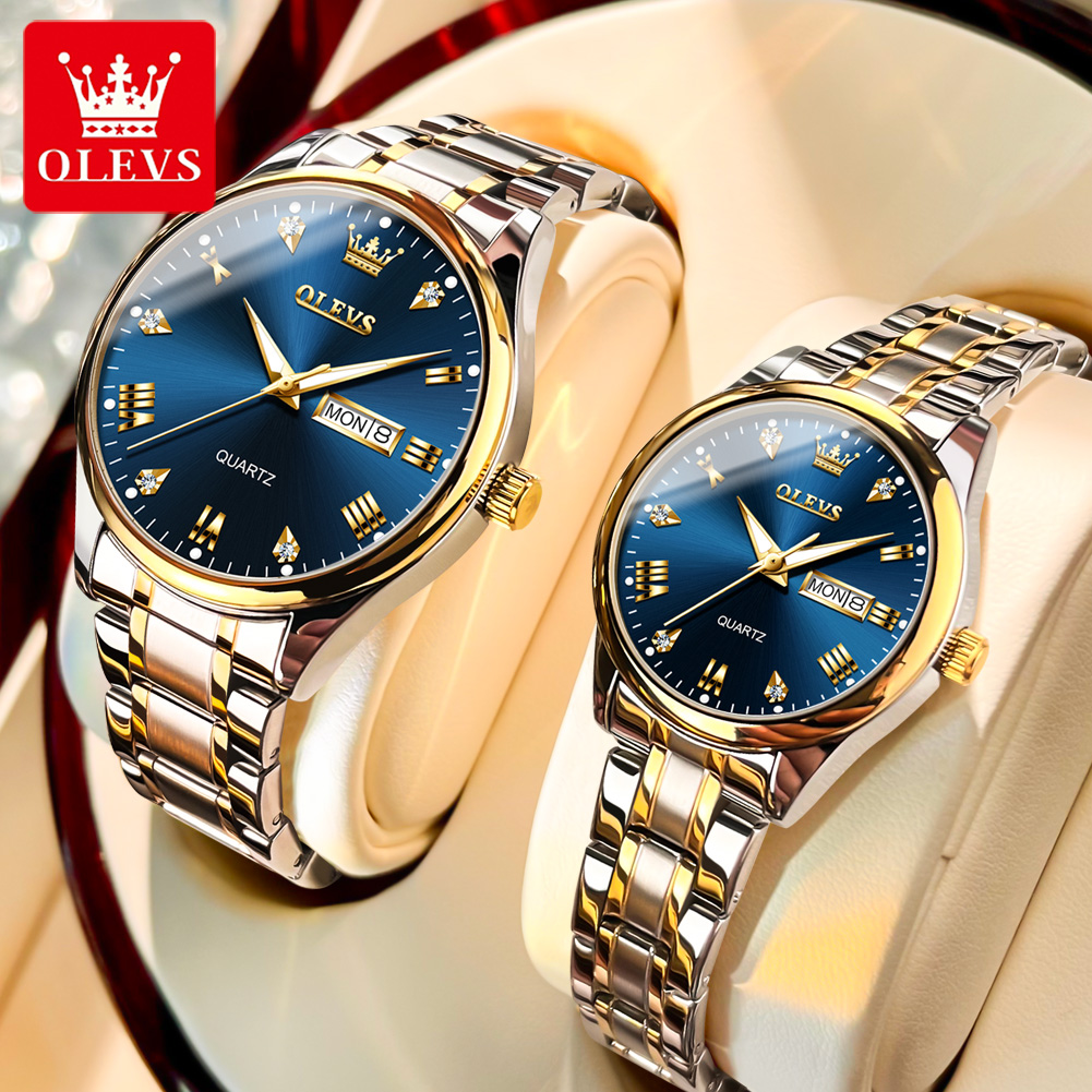 OLEVS-impermeável luminosa Quartz relógio de pulso, relógios casal, moda simples, original, mostrador numeral romano, dele e dela, 5563 Set