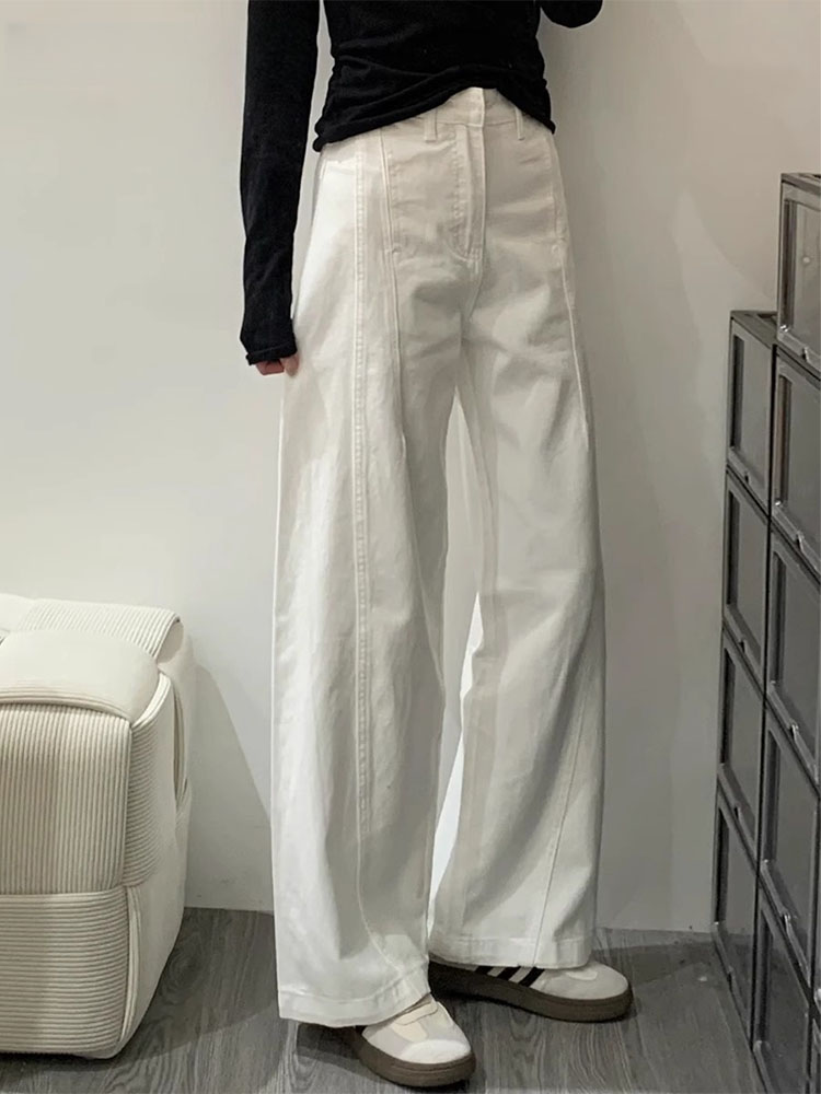 Calças Jeans Casuais de Perna Larga Brancas Fenas Plus Size Cintura Alta Americana Modelagem Retas Moda de Outono Ajuste ...