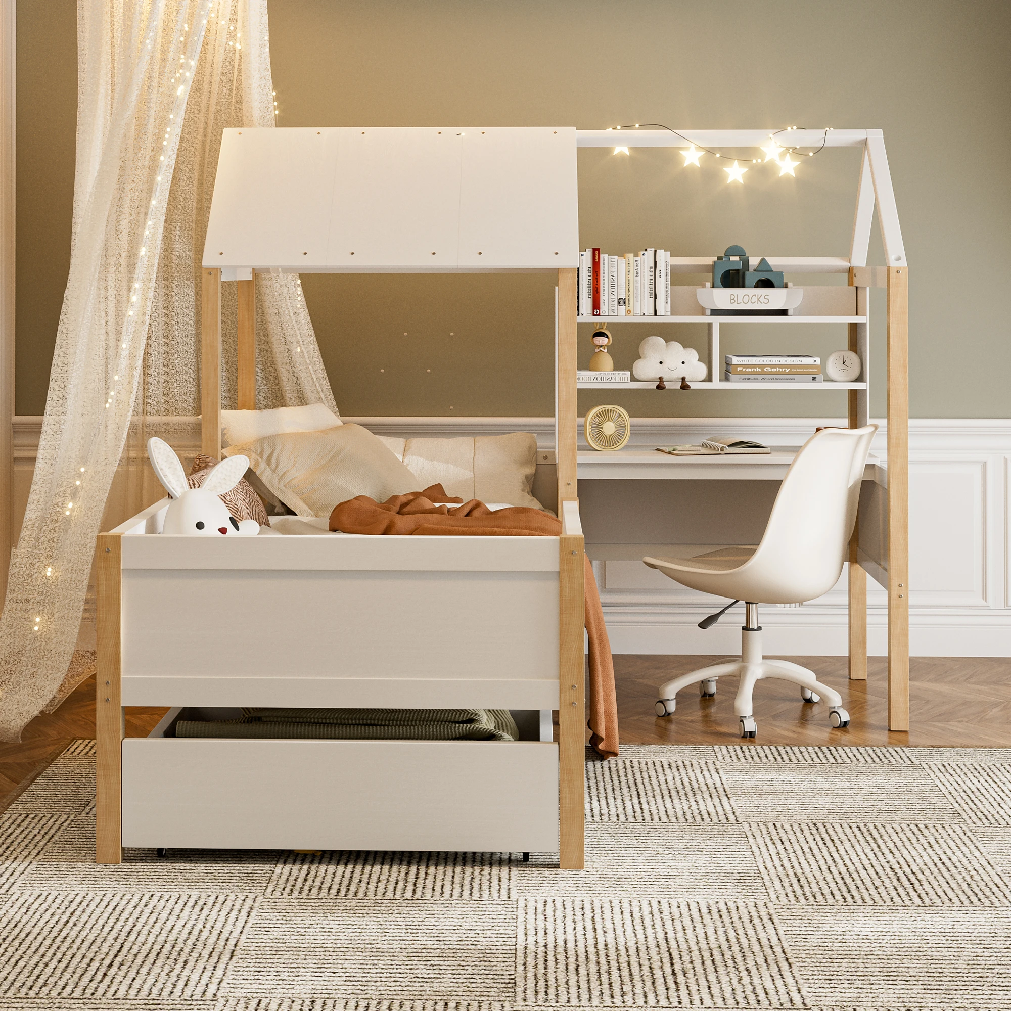 Cama infantil com moldura de segurança, mesa e estante em forma de L, gavetas com rodas, multif, 90x200 cm