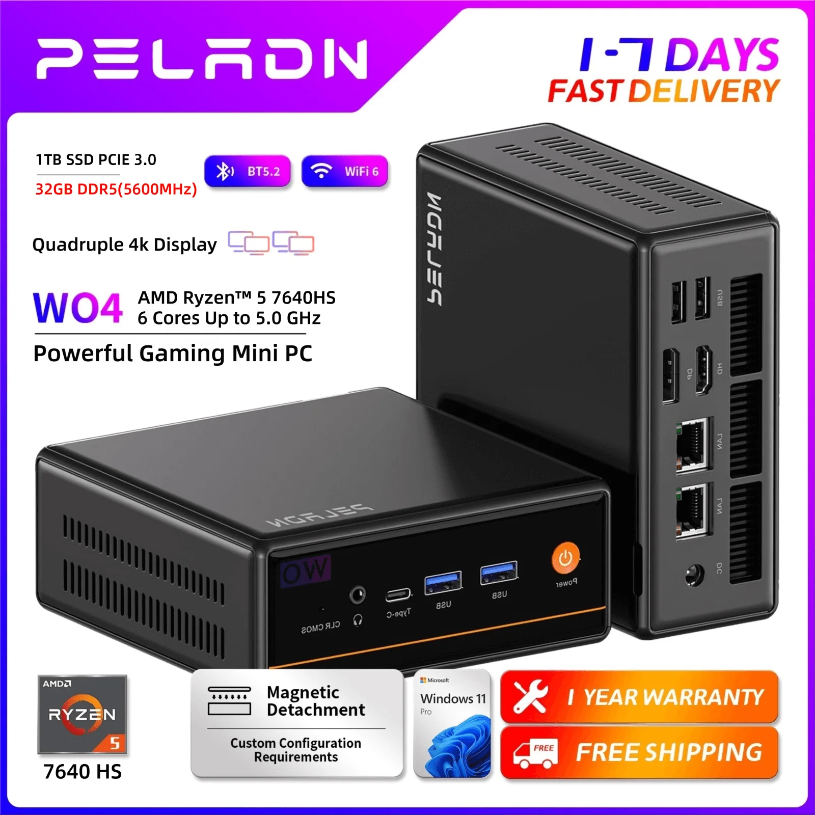 PELADN Gaming WO-4 Mini-PC AMD Ryzen 5 7640HS (6 Kerne, bis zu 5,0 GHz), 32 GB Dual DDR5 1 TB PCIe3.0 SSD Vierfach-4K-Display-Unterstützung