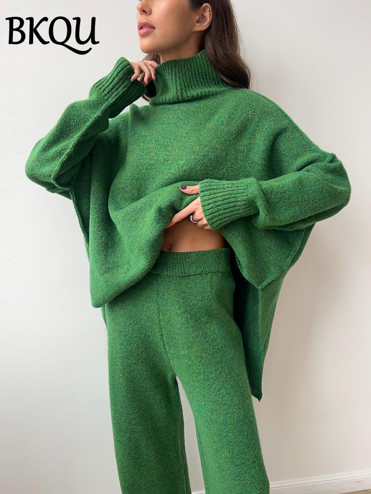 BKQU ニット 2 点セット女性タートルネックセーターとワイドレッグパンツ衣装秋冬カジュアルオフィスレディースホームウェア 2024