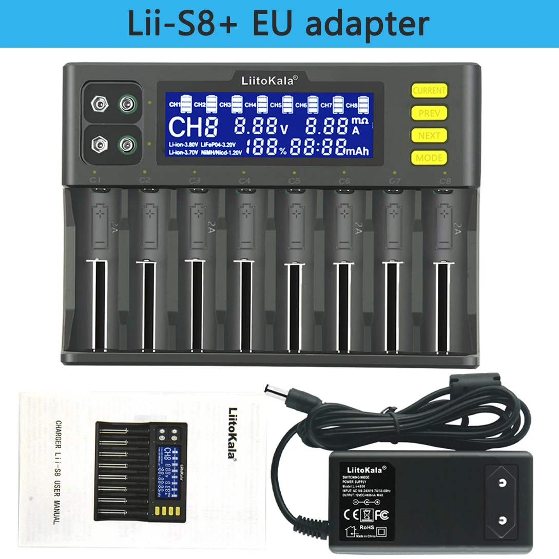 LiitoKala Lii-S8 LCD Universal Charger for 18650 26650 21700 26700 18350 AA AAA 9V Li-ion NiMH Li-FePO4 IMR Batteries 3.7V 1.2V