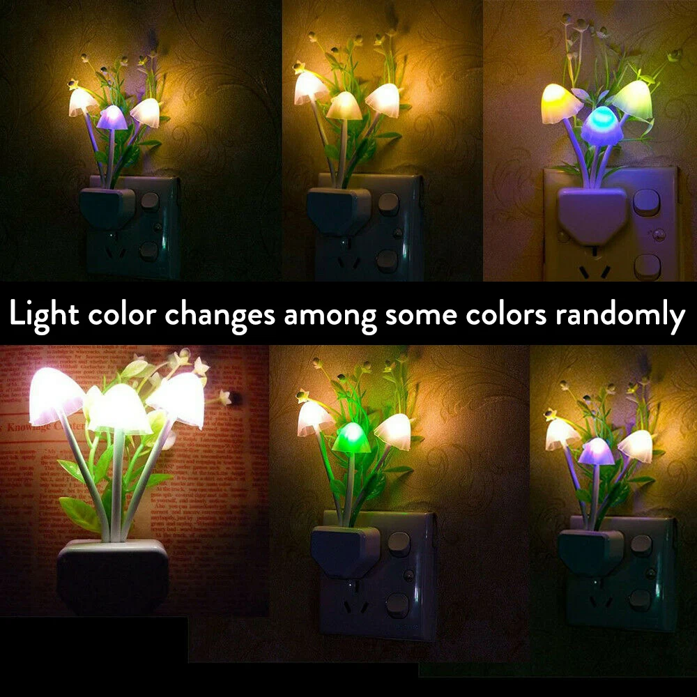 Lámpara LED nocturna con forma de seta creativa con enchufe de EE. UU./UE, lámpara de pared rosa/Tricolor con hierba/hoja, lámpara de dormitorio ahorradora de energía de 110V/220V