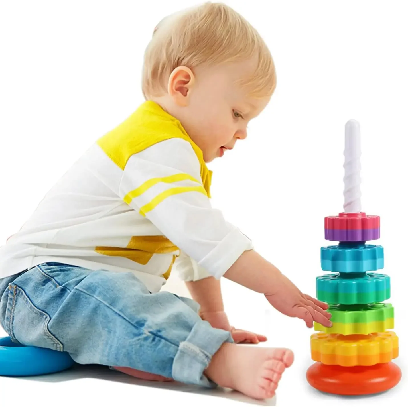 Tour arc-en-ciel rotative Montessori, Puzzle à empiler pour bébé, jouets de sécurité et de Protection de l'environnement, jouets colorés pour enfants, garçons et filles