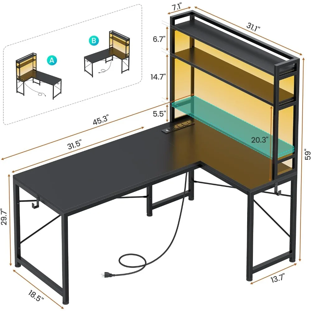 L Shaped Gaming Desk, Reversible 45.3” Small Corner Desk with Power Outlet and LED Lights, Corner Gaming Desk with Storage Shel