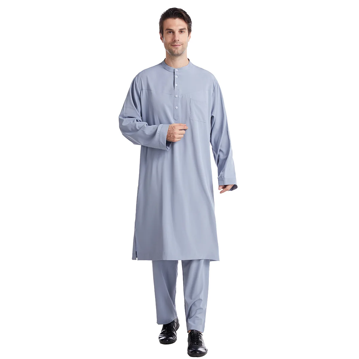 Homens muçulmanos jubba thobe 2 pice conjunto superior com calça dos homens abaya longo islâmico eid 2025 ramadan longo robe saudita wear caftan dubai árabe