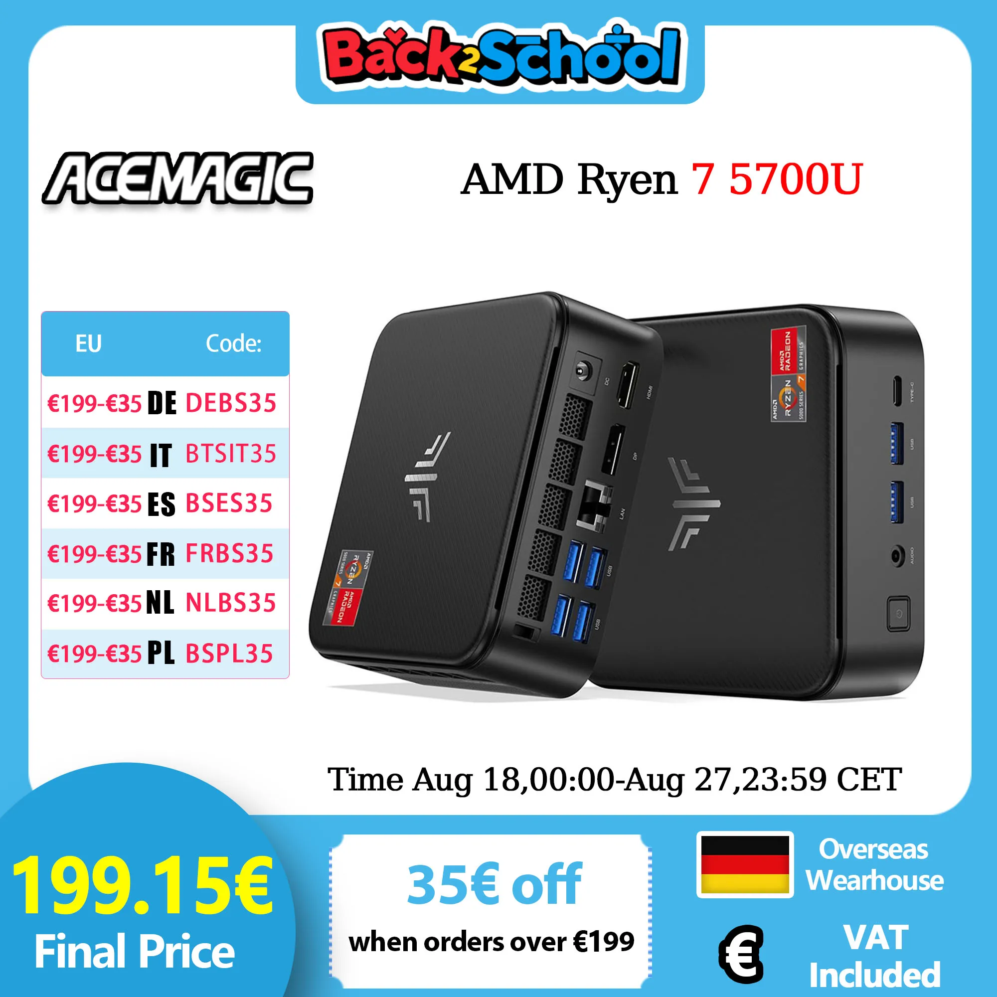 ACEMAGIC E3B Mini PCΜD Ryzen 7 5700U (max. 4,3GHz 8C/12T) 16GB RAM 512GB SSD WiFi 6/BT 5,2/4K drievoudig display/VESA ondersteund