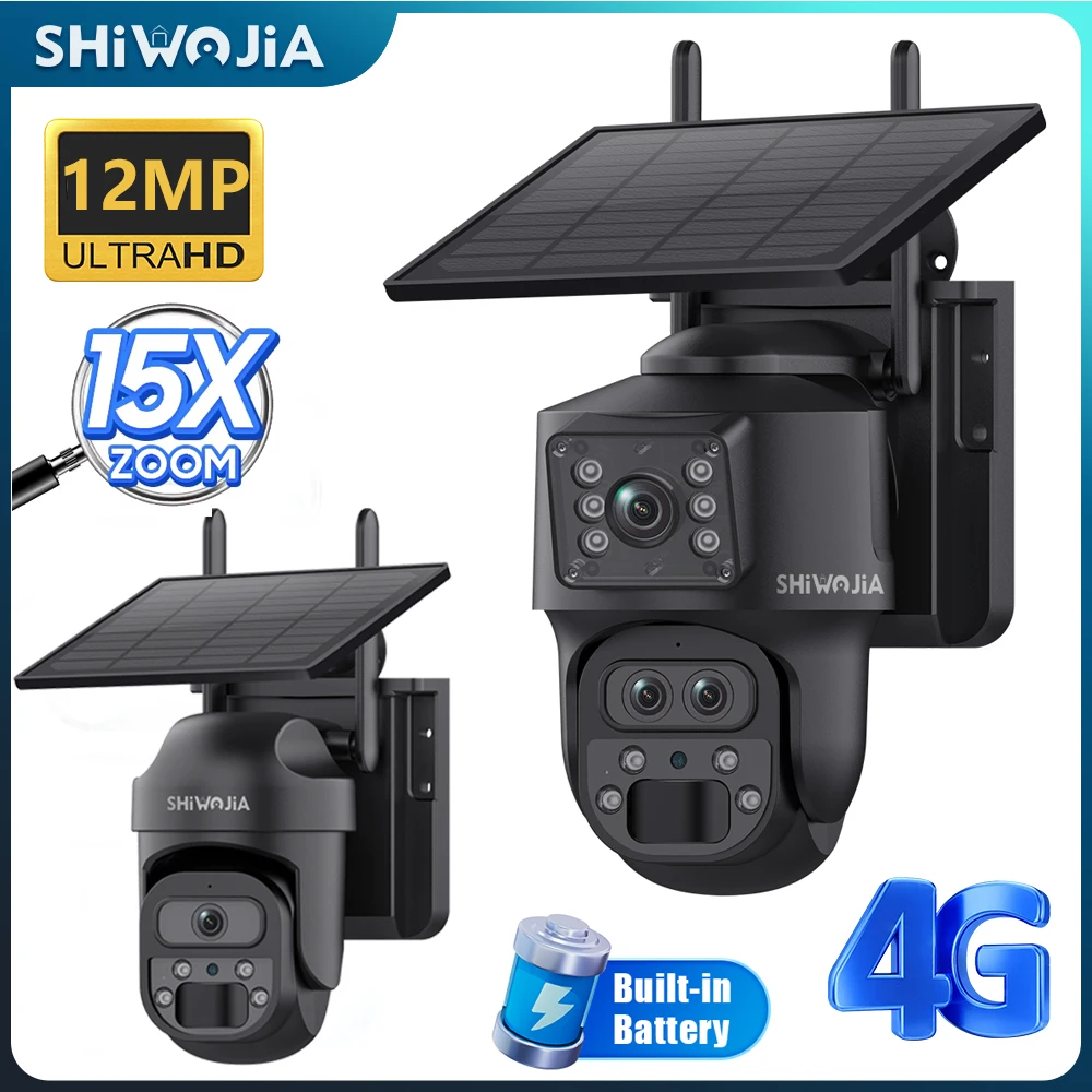 SHIWOJIA 15X ZOOM Cámara Solar 4G 12MP Tres Objetivos 360 °   Ver la batería al aire libre de la cámara IP PTZ de la seguridad del panel solar 5W 7800mAh UBOX