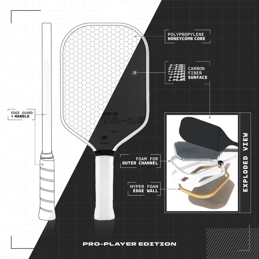 BEN JOHNS PERSEUS MOD TA-15 T700 paleta Pickleball de fibra de carbono superficie de fricción 16mm núcleo de polímero potencia mejorada, giro y Control