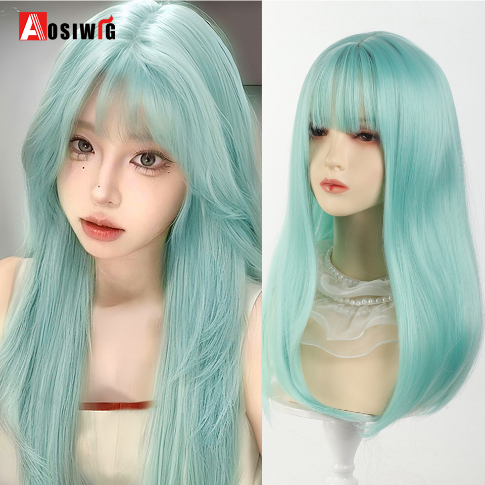 Aosi-合成ロングヘアウィッグ,女性用,オンブルブラウンウィッグ,エアバン,コスプレ,ロリータ,日常使用,ファッション